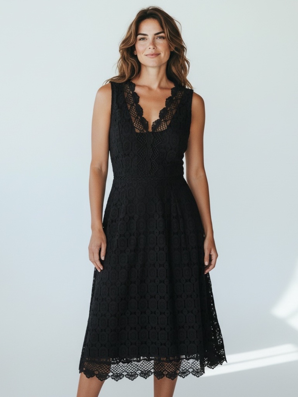 LOFT Black Eyelet Lace Fit & Flare V-Neck Dress Size 4 LBD NWT Cocktail Party